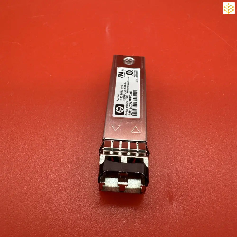 HP fiber optic SFP transceiver module with dual LC connectors.