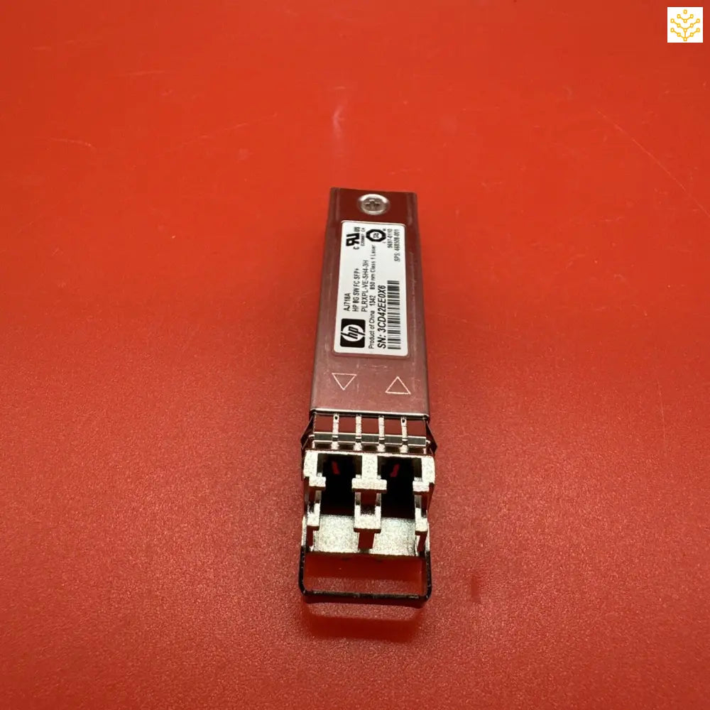 SFP optical transceiver module with dual LC fiber ports.