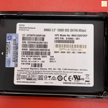 HPe 120G SSD SATA6 MK0120GFDKP 816969 - B21 816962 - 001 817098 - 001 in Tray - GIGDATA