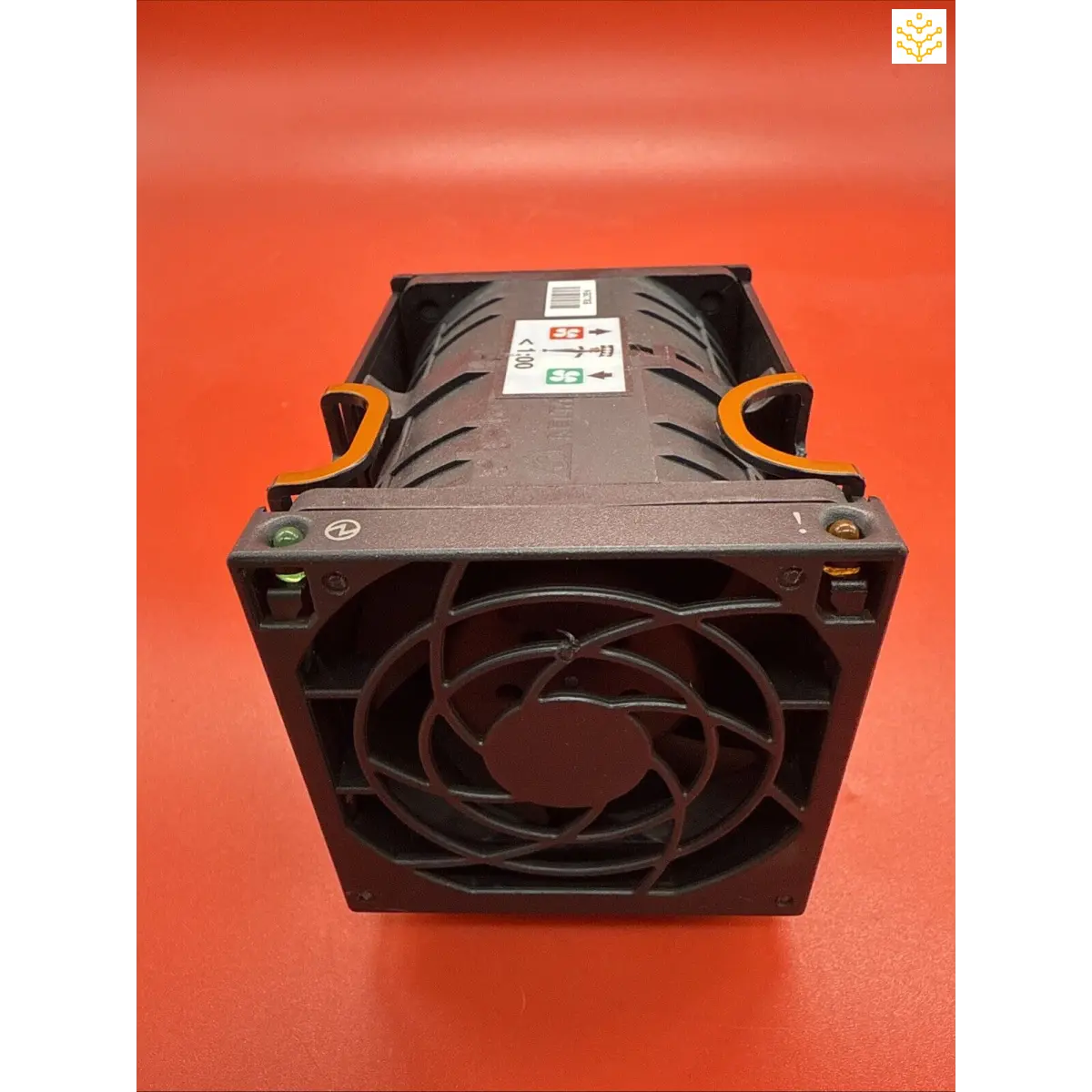 Black computer cooling fan with protective grille and mounting brackets.