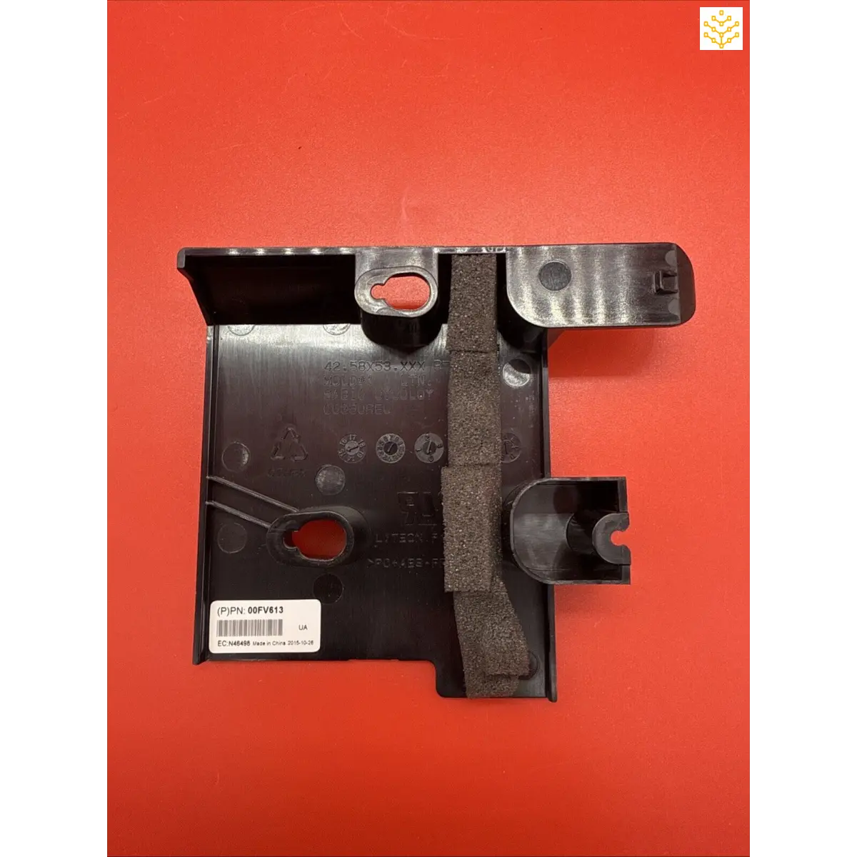 Black plastic mounting bracket with multiple attachment points and cutouts.