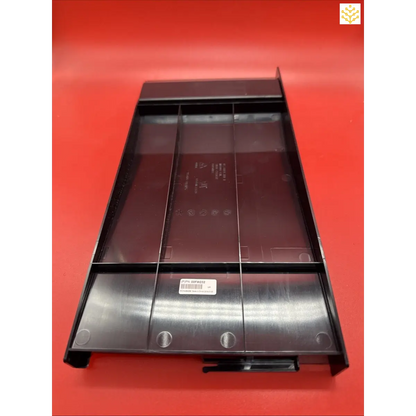 Metallic sliding drawer or tray with dividers and compartments.