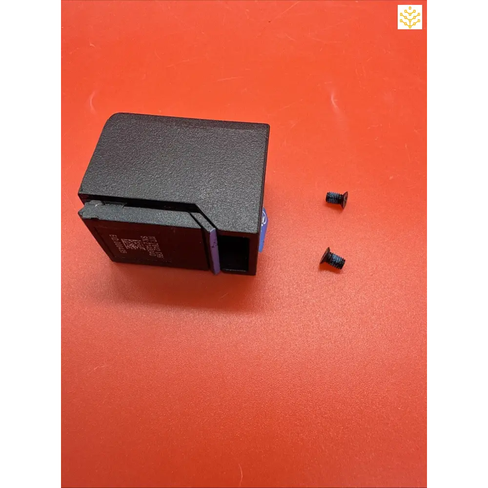 Black rectangular electronic adapter or power supply unit with two small screws beside it.