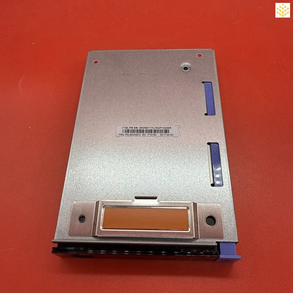 Computer hard drive or storage device with a metallic silver casing and blue accents.