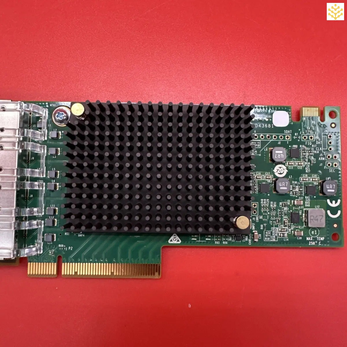 Computer network interface card with a prominent black heat sink.