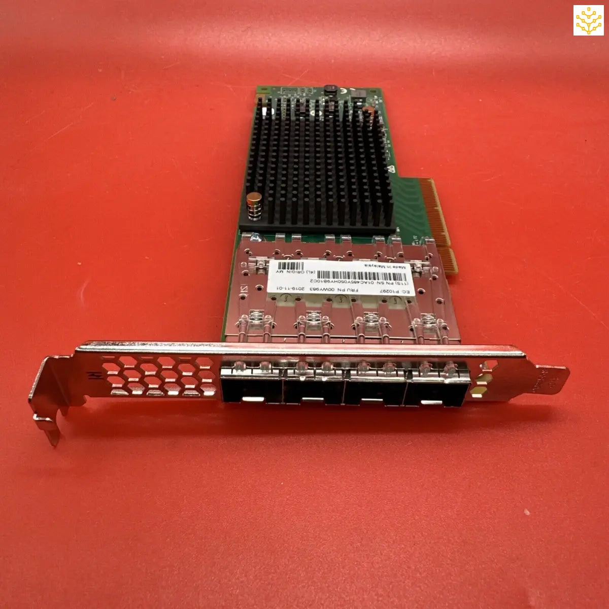 Network interface card with multiple ports and a heat sink.