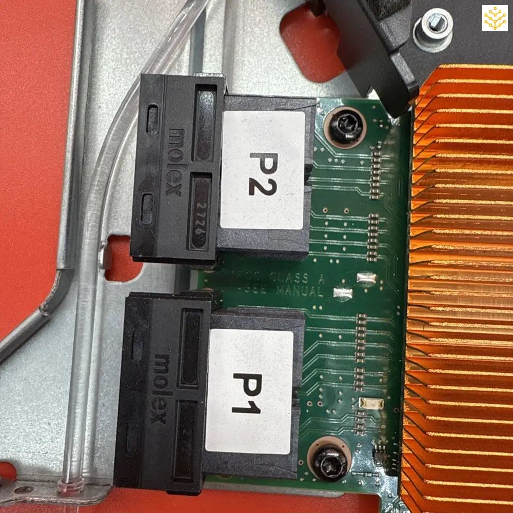 Circuit board with two labeled ports (P1 and P2) and an orange heatsink.