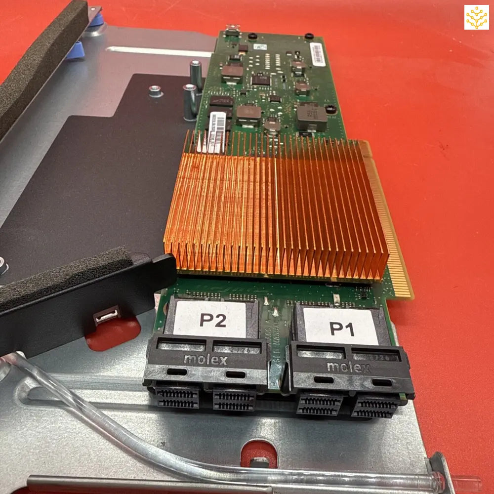 Circuit board with copper heatsink and dual SAS/SATA connectors.