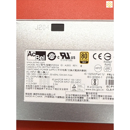 Power supply unit label with technical specifications and certifications.