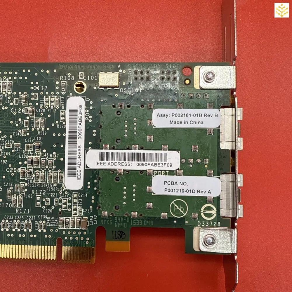 Computer circuit board with ports and electronic components mounted on a green PCB.