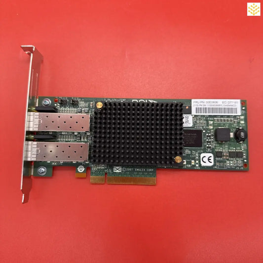 Dual-port network interface card with heatsink and PCIe connector.