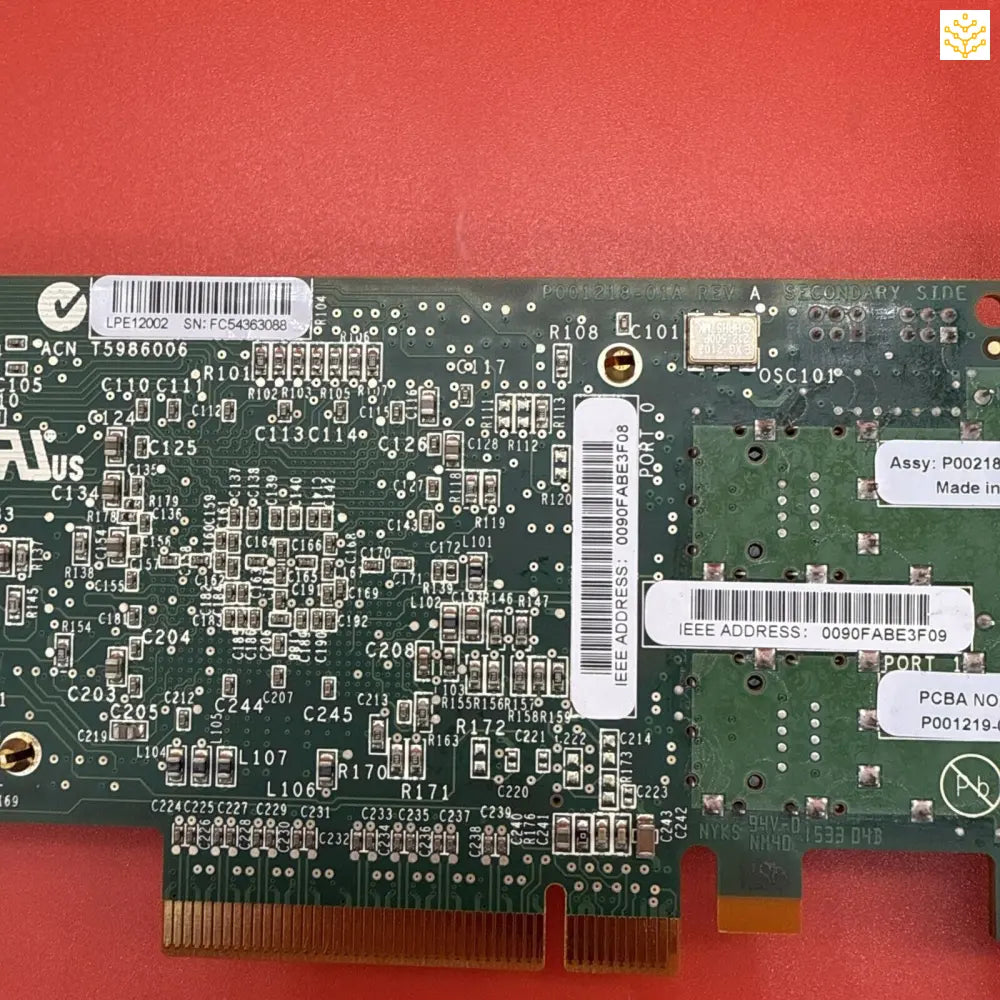 PCIe network interface card with visible circuit board components and traces.