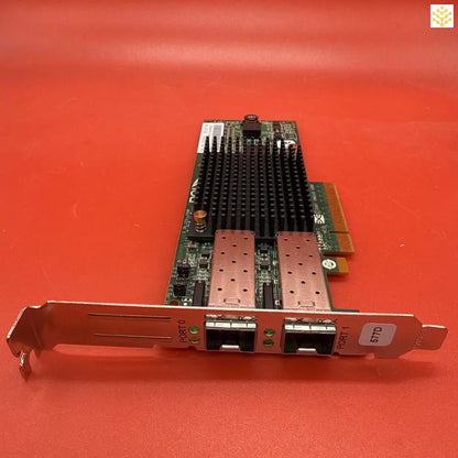 PCIe network interface card with dual SFP+ ports and a black heatsink.