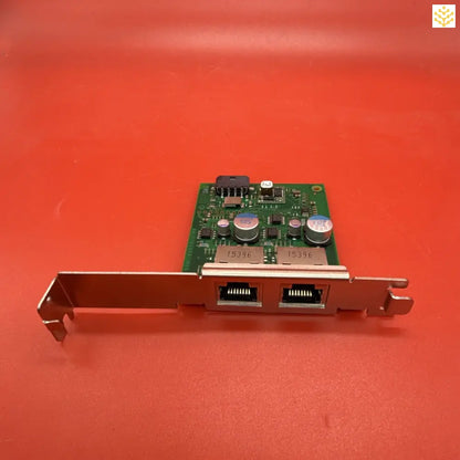 Network interface card with dual Ethernet ports and a red mounting bracket.