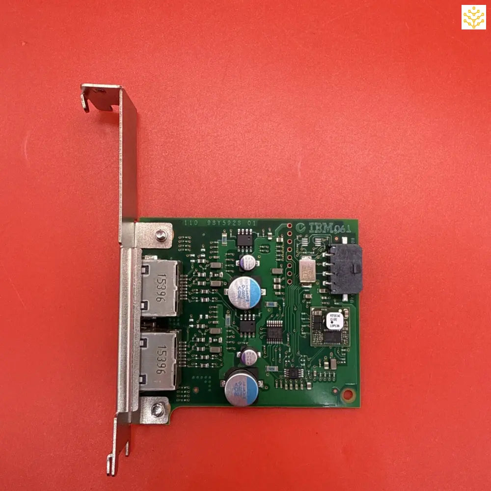 Network interface card with dual Ethernet ports mounted on a PCIe bracket.