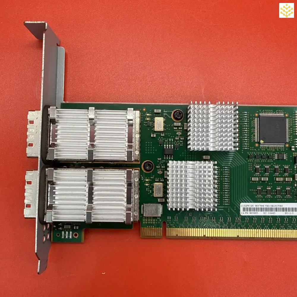 Dual-port network interface card with aluminum heatsinks and PCIe connector.