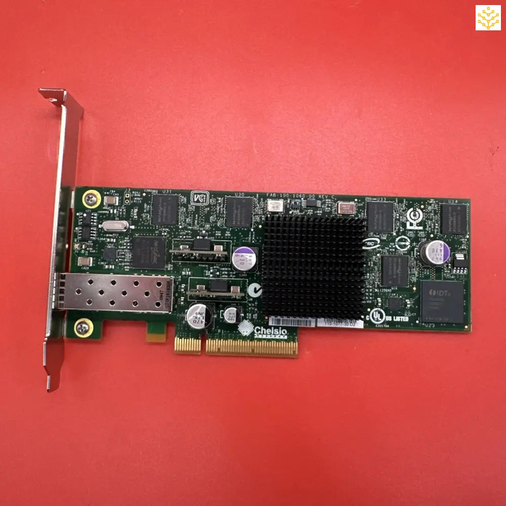 Network interface card with a PCIe connector and heatsink.