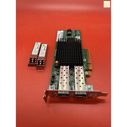 Network interface card with dual SFP+ ports and heatsink.