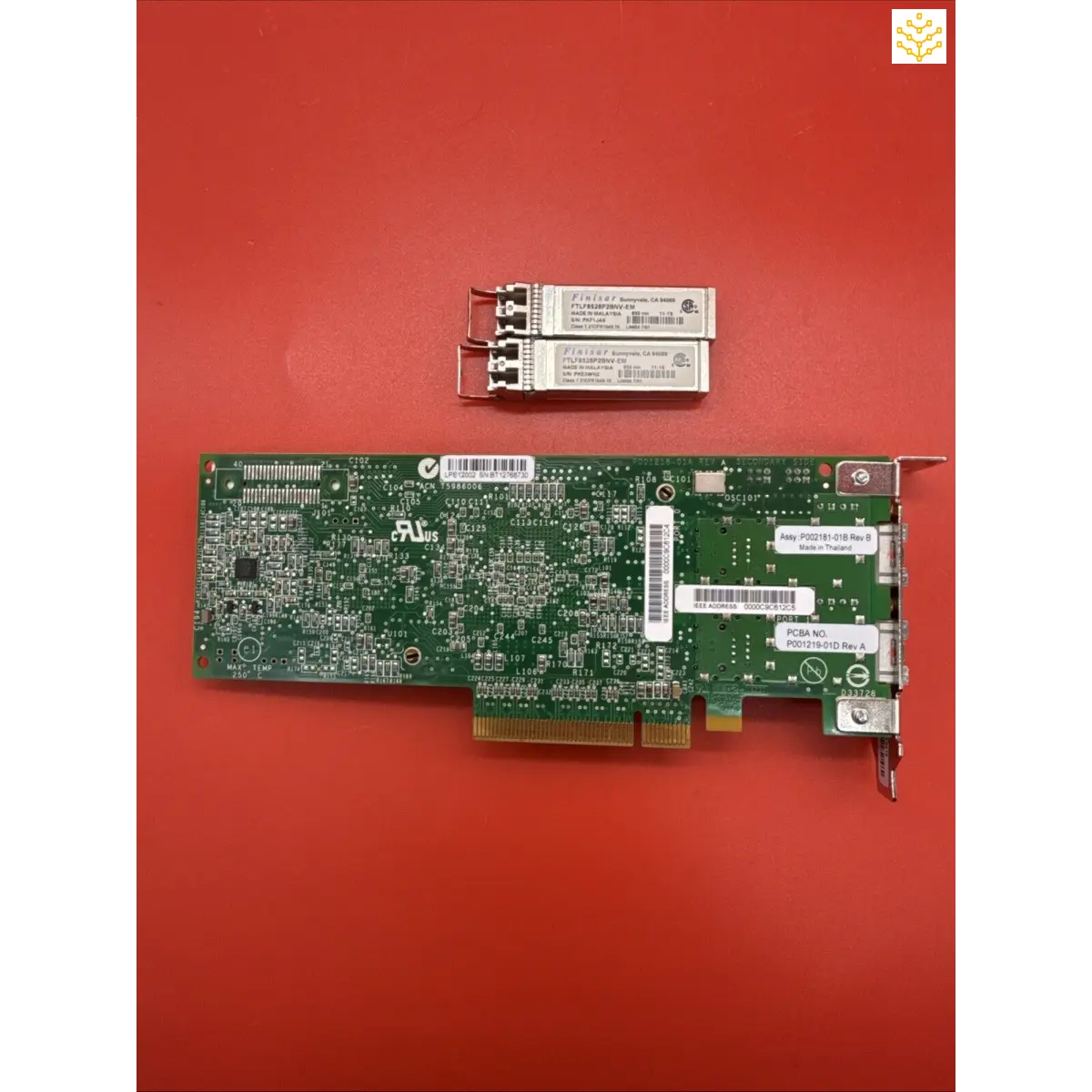 Network interface card with two SFP transceivers.