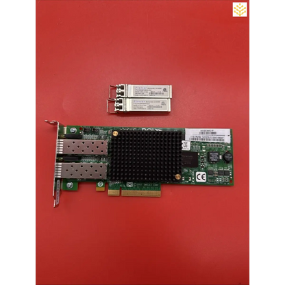 Network interface card with dual SFP+ ports and heatsink alongside two SFP transceivers.