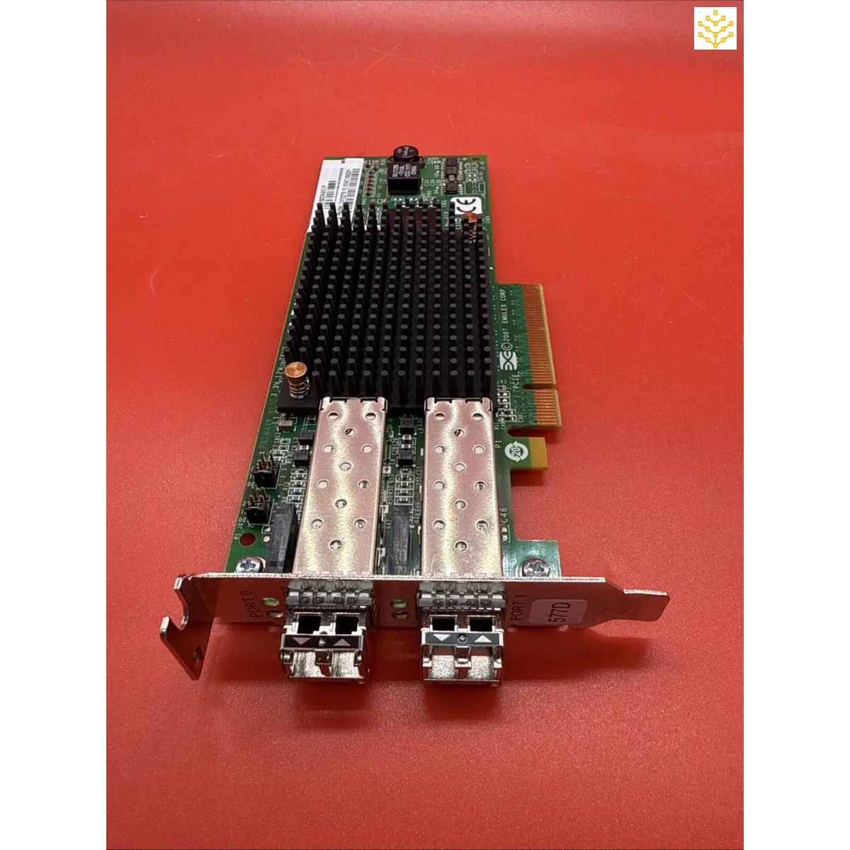 Dual-port fiber channel network adapter card with heat sink.