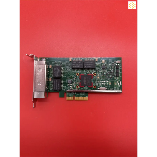 PCIe network interface card with green circuit board and metal bracket.