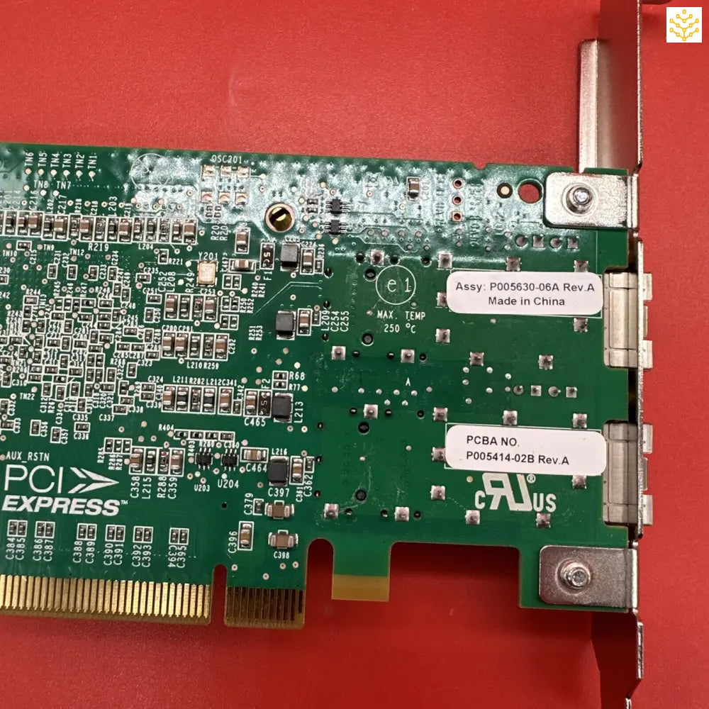 PCIe network interface card with green circuit board and metal bracket.