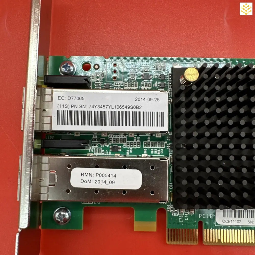 Network interface card with dual ports and a heat sink.