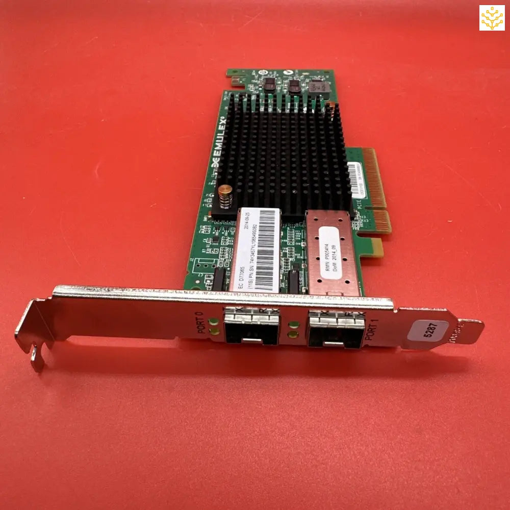 PCIe network interface card with dual SFP+ ports and a black heatsink.