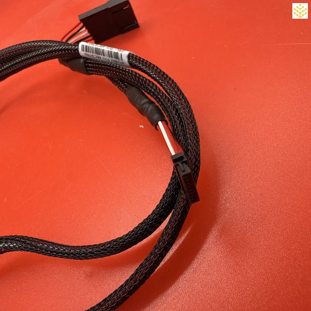 Black braided cable with mesh sleeving and a connector.