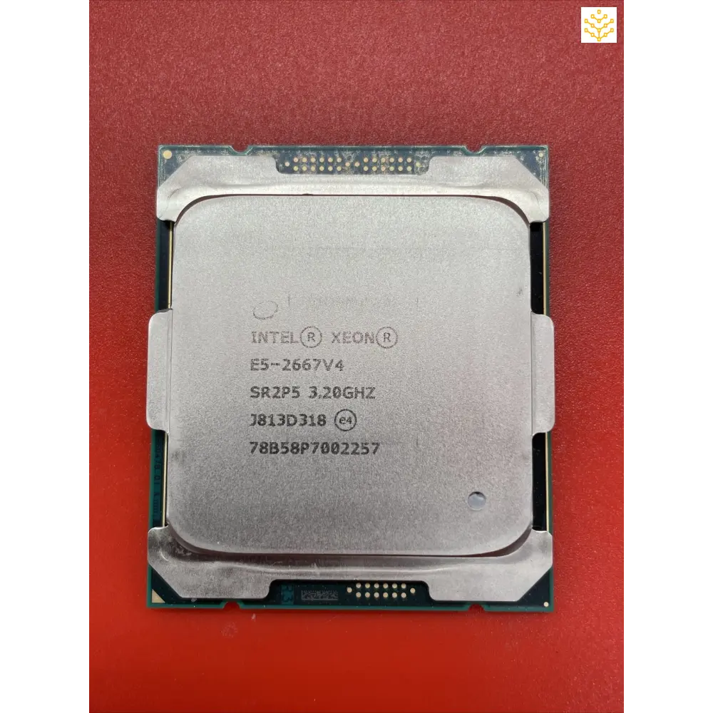 Intel Xeon E5-2667v4 processor chip with visible product details engraved on its surface.