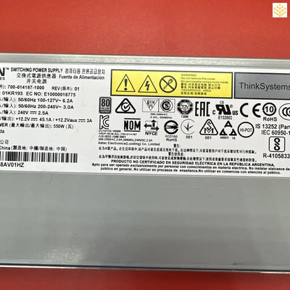 Power supply unit for a ThinkSystem server or computer, displaying technical specifications and safety certifications.