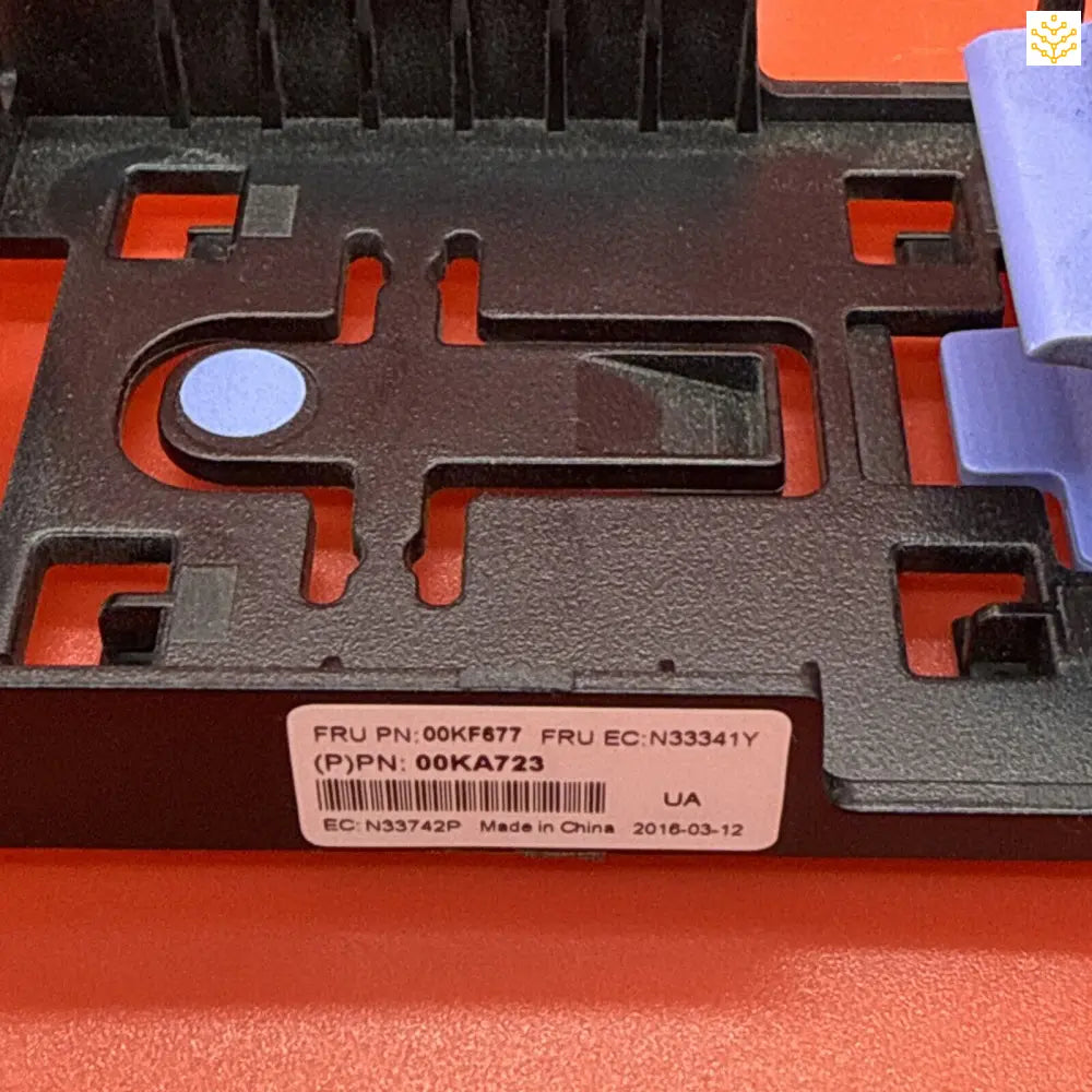 Black plastic mounting bracket with cutouts and a product label.