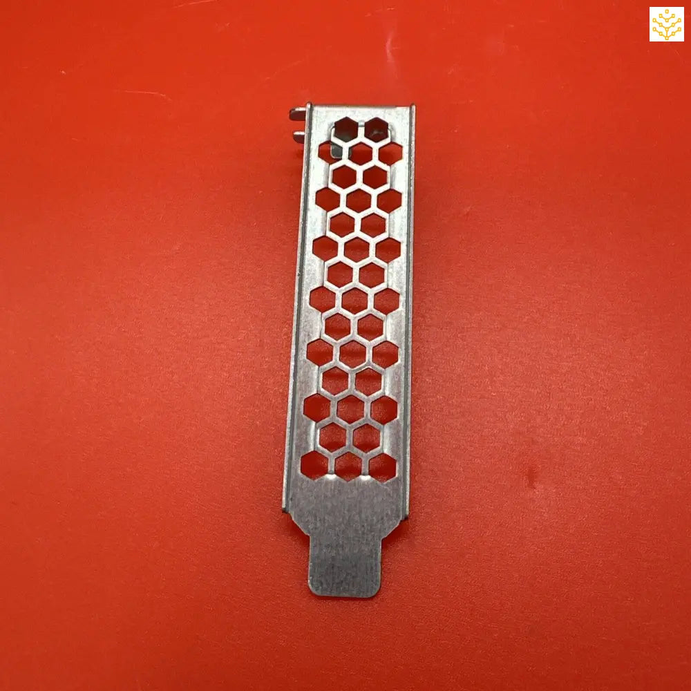 Metal bracket or plate with hexagonal perforations.