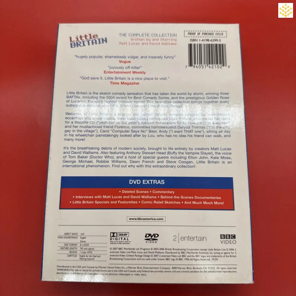 Back cover of a Little Britain DVD case showing synopsis text and technical information.