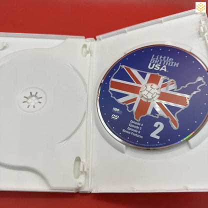 DVD disc with a British flag design in an open white DVD case.