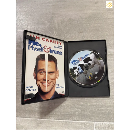 DVD case and disc of the movie ’Me, Myself & Irene’ opened to display its contents.