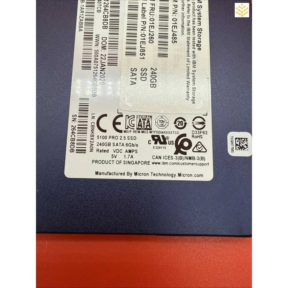 Hard drive label showing manufacturer details and certification markings.