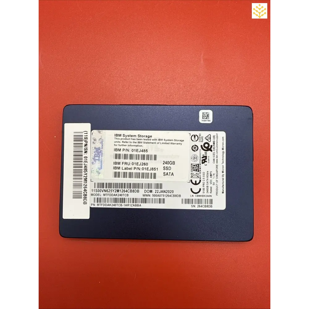 IBM solid state drive (SSD) storage device with product labels and information.