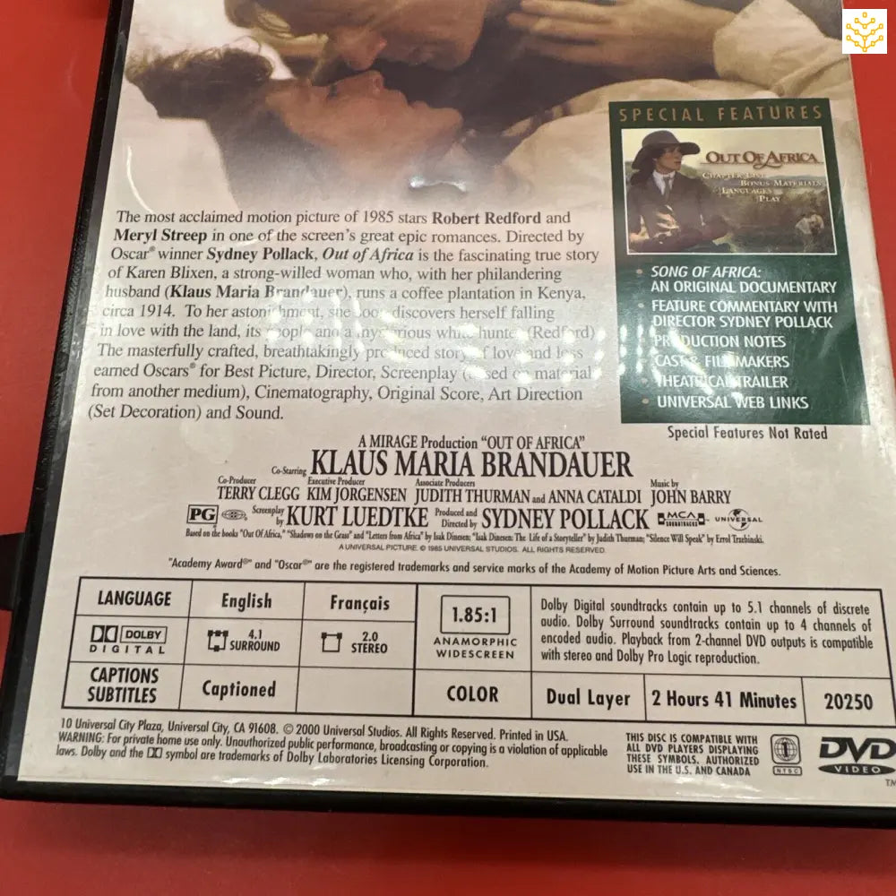 Back cover of a DVD case for ’Out of Africa’ showing technical specifications and movie details.