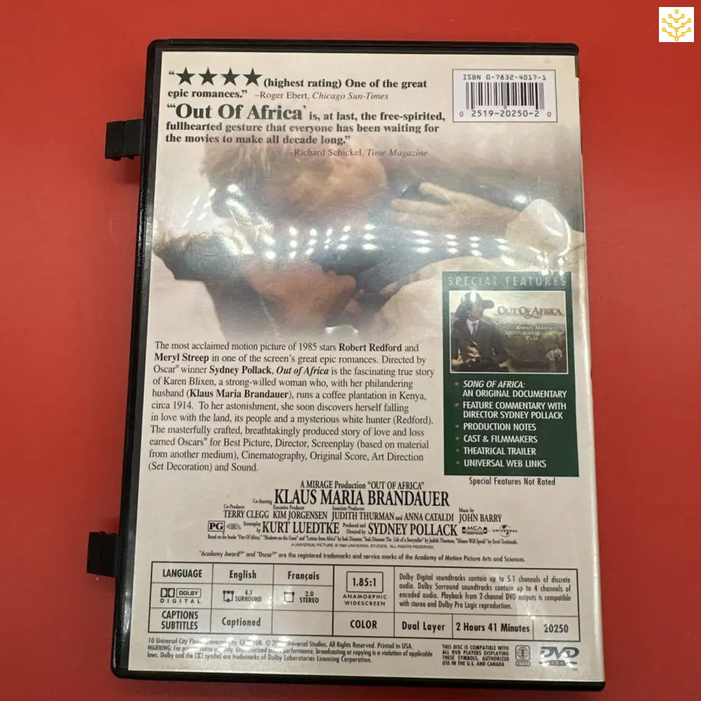 DVD case for the film ’Out of Africa’ showing the back cover information and technical details.