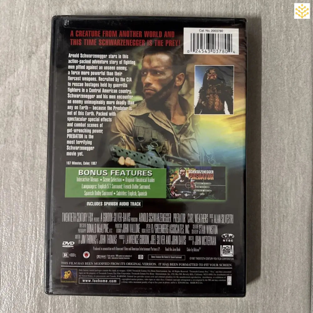 DVD case for the movie Predator showing the back cover artwork and details.