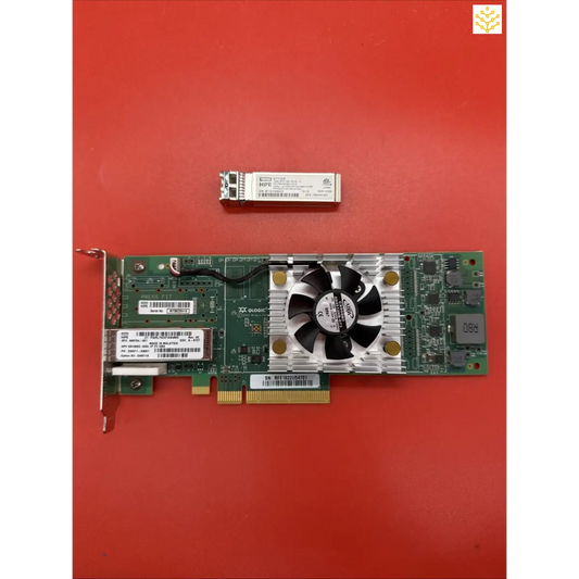 Network interface card with a cooling fan and an attached SFP module.