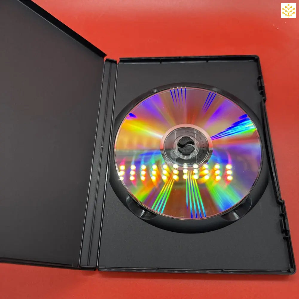 DVD disc displaying rainbow-like iridescent colors inside a black plastic case.