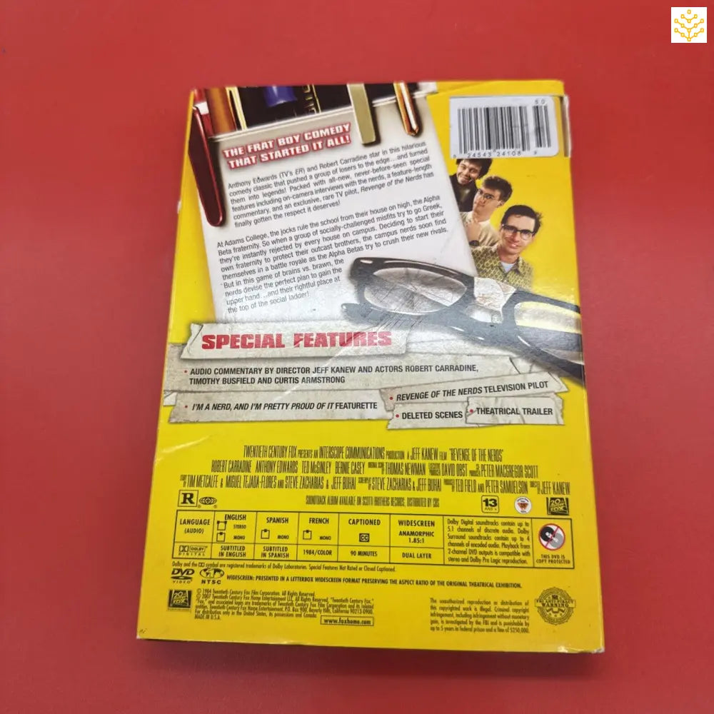 DVD case with a yellow cover showing movie credits and information on the back.