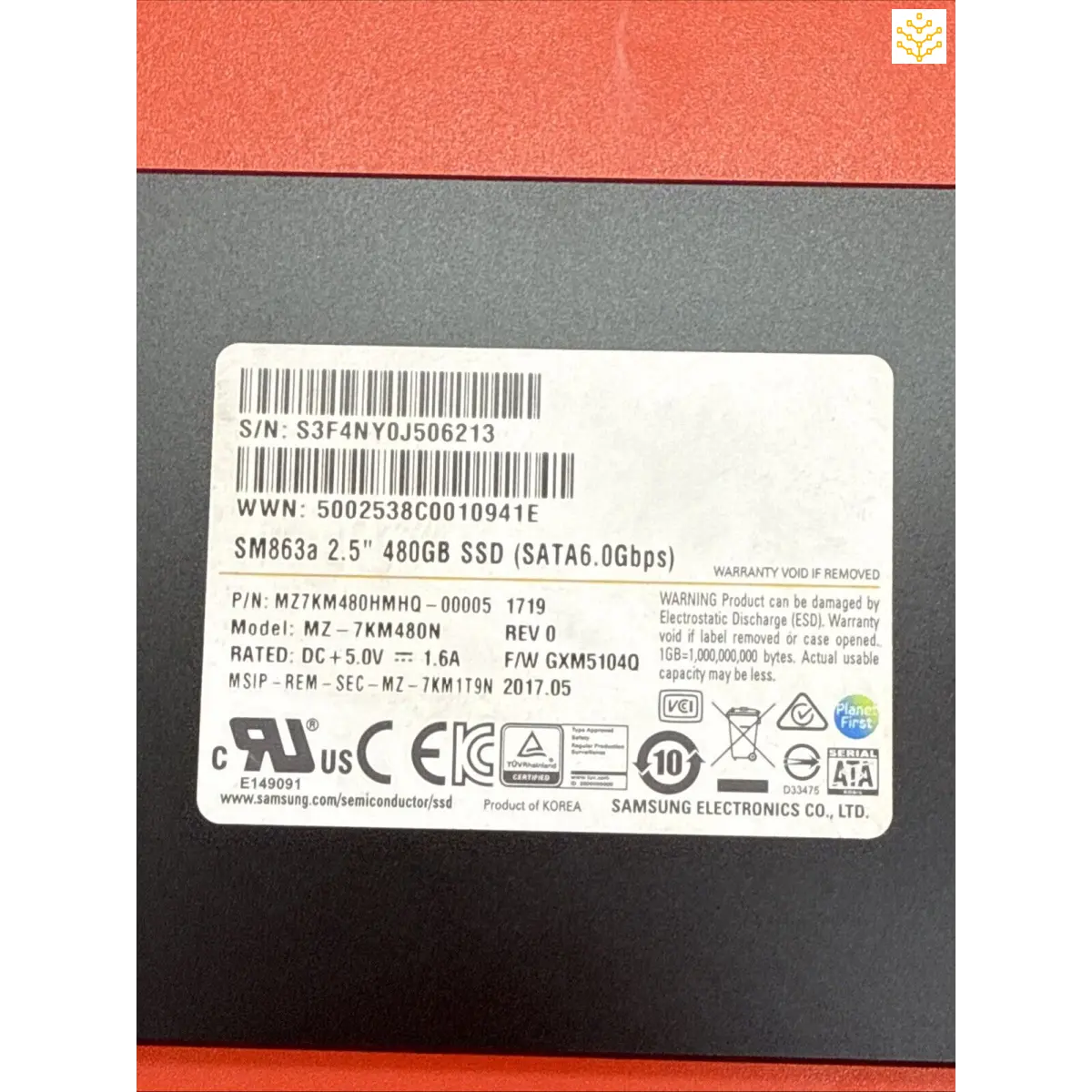 Samsung 480GB solid-state drive (SSD) with product information label.