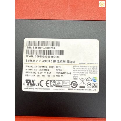 Samsung 480GB solid-state drive (SSD) with product information label.