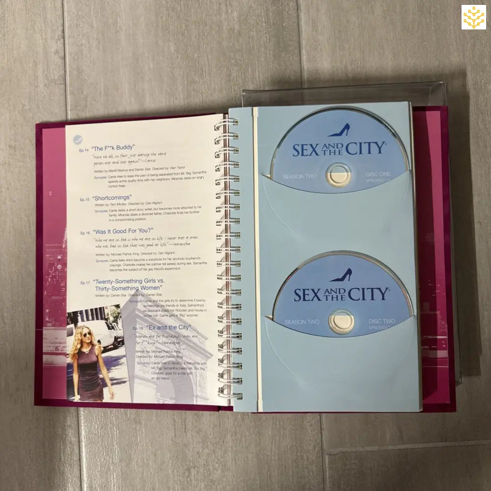 DVD collection book containing Sex and the City discs with an episode guide.