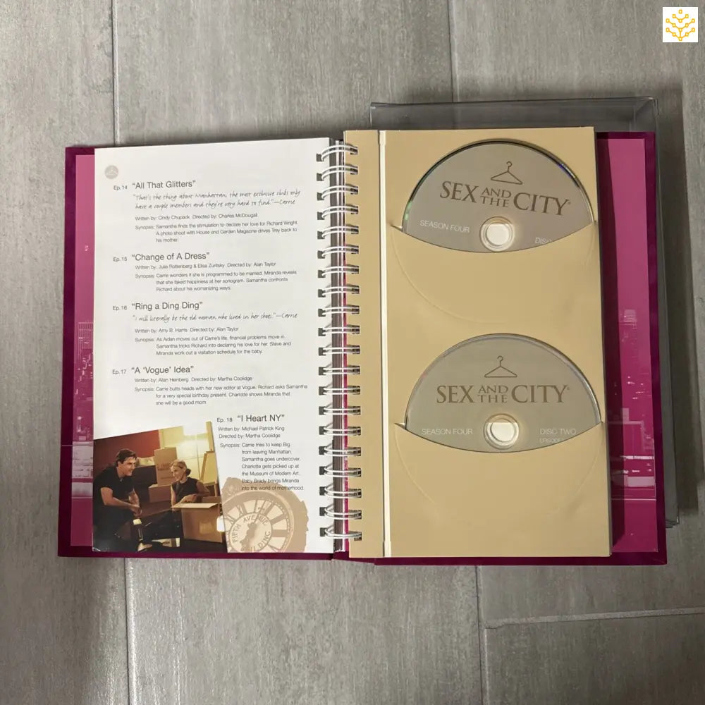 Open book or journal displaying ’Sex and the City’ DVD discs mounted on its pages.