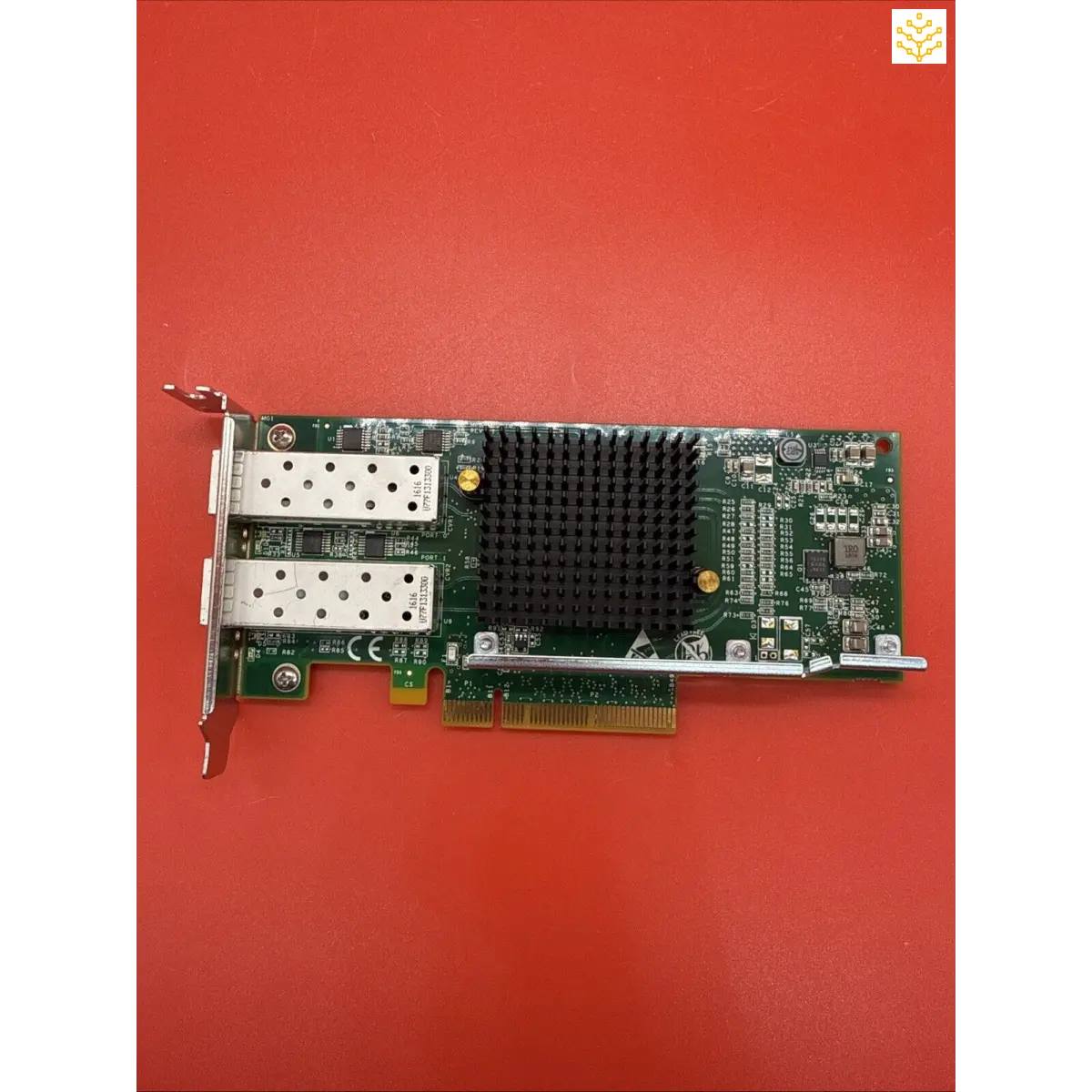 Network interface card with dual ports and a heat sink.